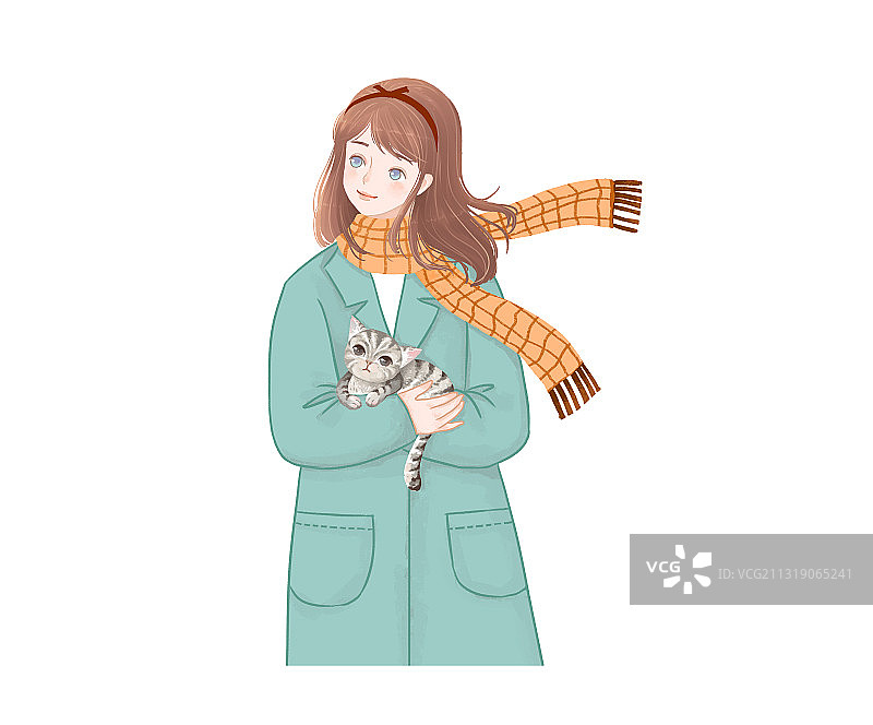 抱着猫咪围着围脖的小资少女图片素材