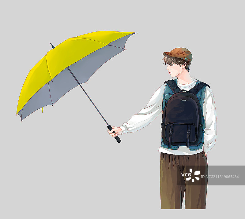 前挂背包手撑黄色伞的少年图片素材