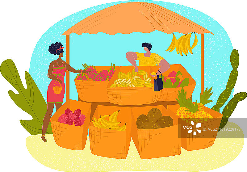 市场摊位热带水果套平风格图片素材