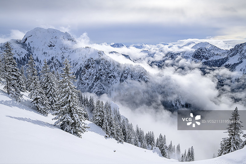 冬天的森林与雾蒙蒙的心情，霍赫尔·斯特劳ßberg在背景中，在泰格尔堡，阿默高阿尔卑斯山，斯瓦比亚，德国巴伐利亚州图片素材