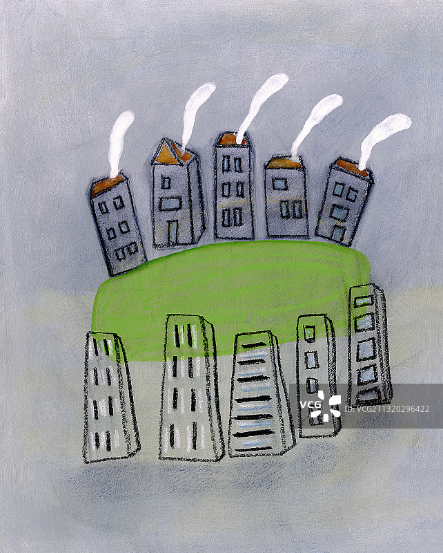 灰色的建筑，绿色的地方周围有冒烟的烟囱。插图。图片素材
