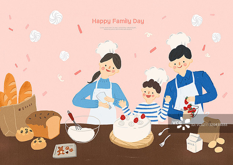 快乐家庭日主题插画家庭一起制作草莓蛋糕图片素材