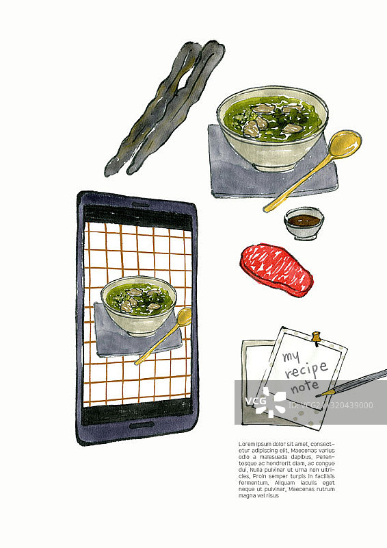海藻汤和智能手机的配料和配方说明图片素材