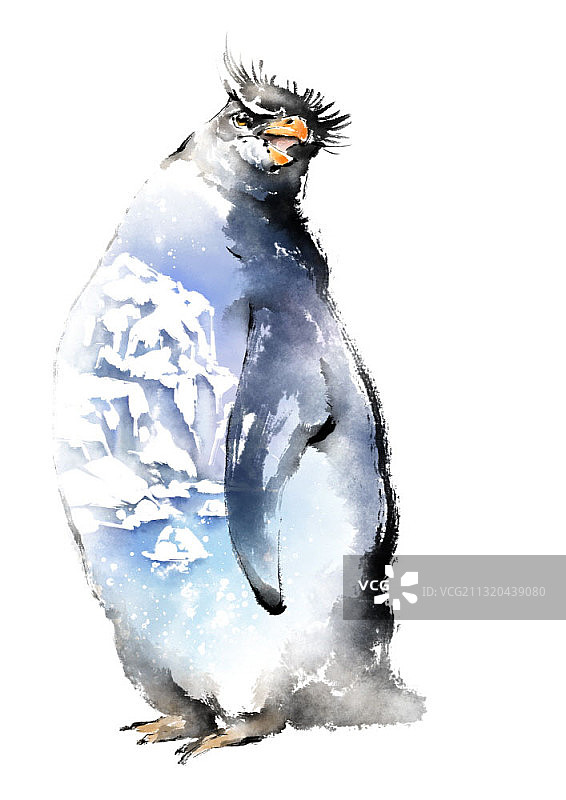 企鹅与北极的水墨画图片素材
