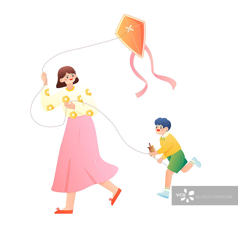 妈妈和孩子放风筝矢量人物插画元素图片素材