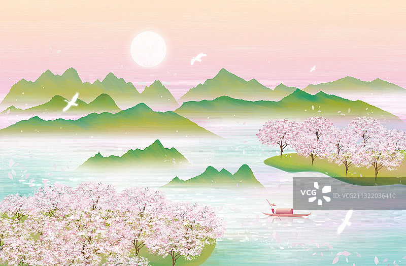 春季樱花盛开园林山水插画海报图片素材
