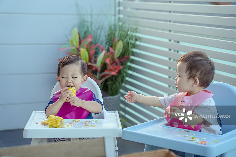 两个健康宝宝在婴儿餐桌上分享食物图片素材