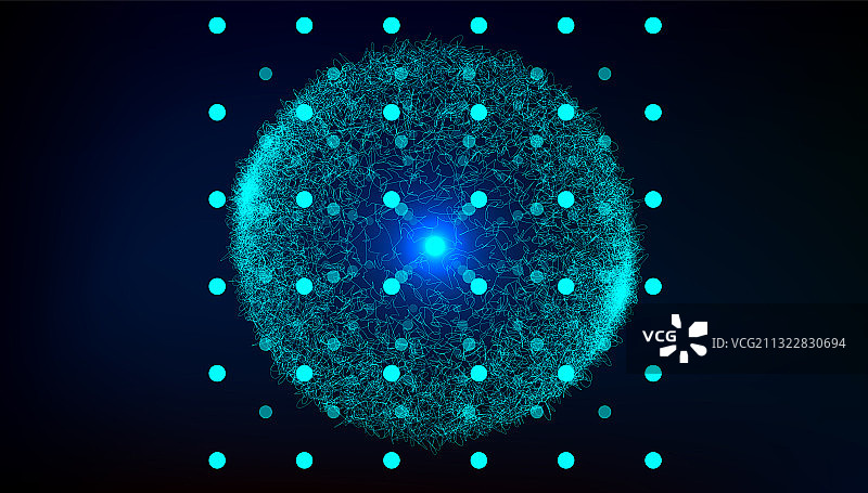 圆点按照队列放射在数字化星球的周围，矢量抽象科技背景图片素材