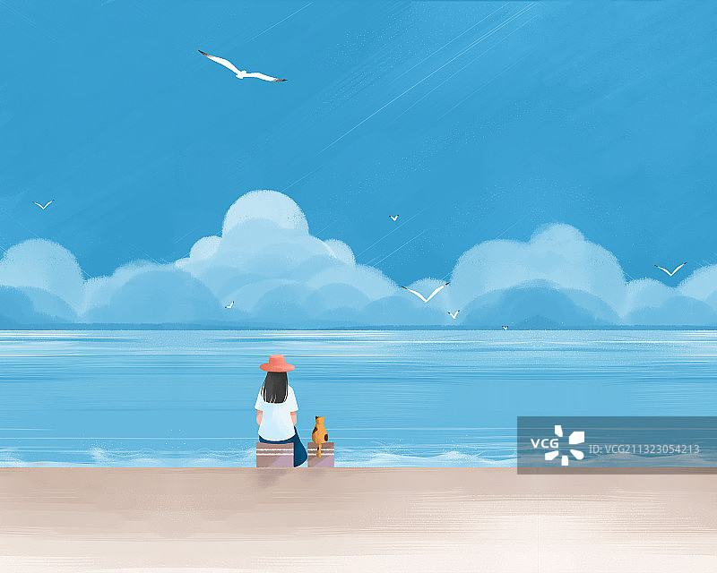 小清新插画女孩和猫坐在夏天的海边图片素材