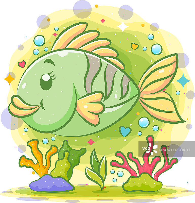 绿色的小丑小鱼游在美丽的水底图片素材