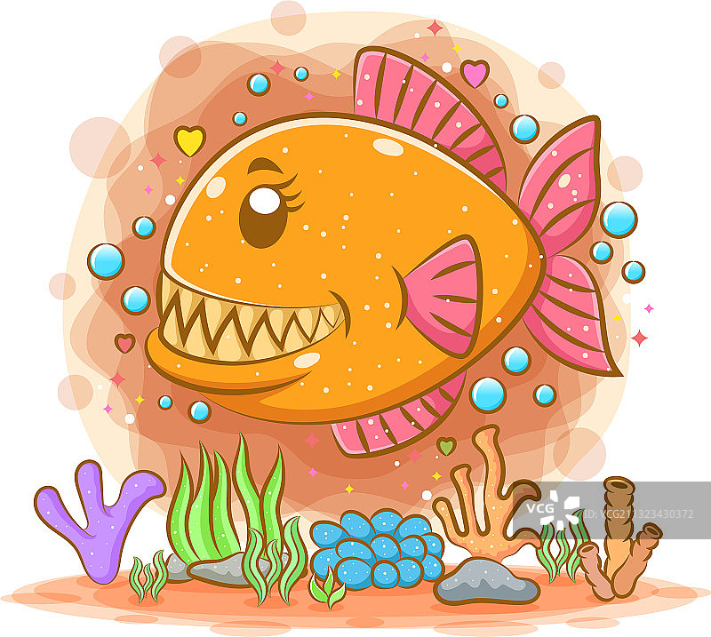 美丽的橙色食人鱼在深海中游泳图片素材