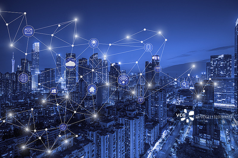 广州城市风光夜景和5G智慧城市大数据科技概念图片素材