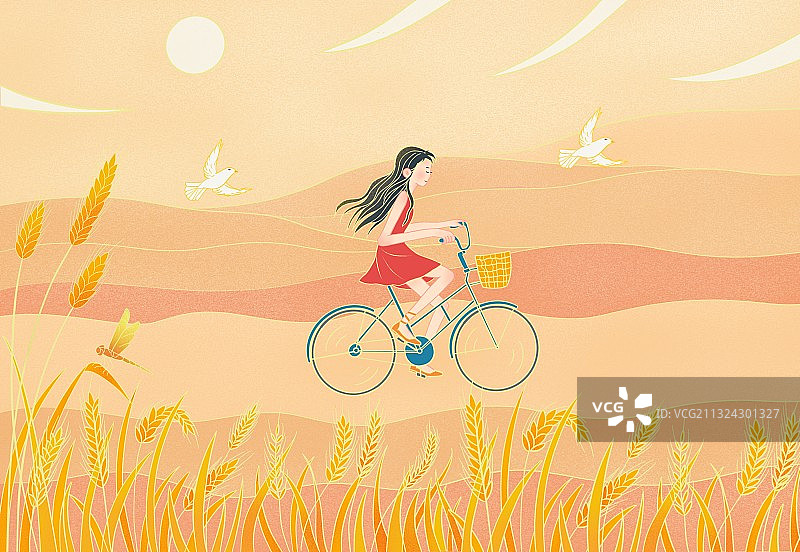 芒种,国潮风,节气,小麦,黄色,稻谷,成熟,女孩,骑自行车图片素材