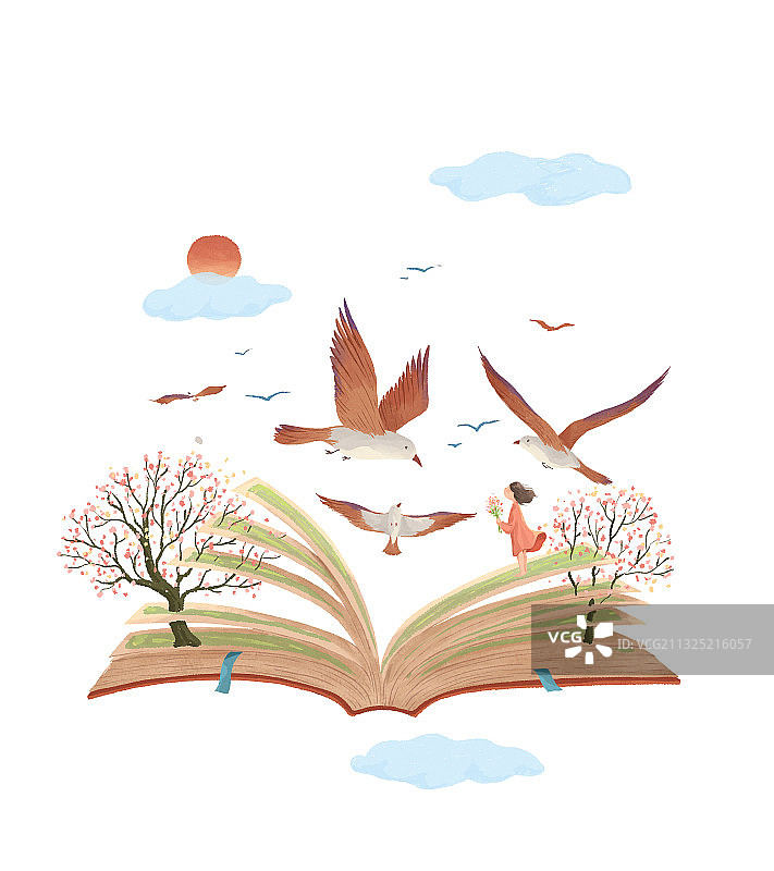 创意书籍飞鸟女孩插画白底图片素材