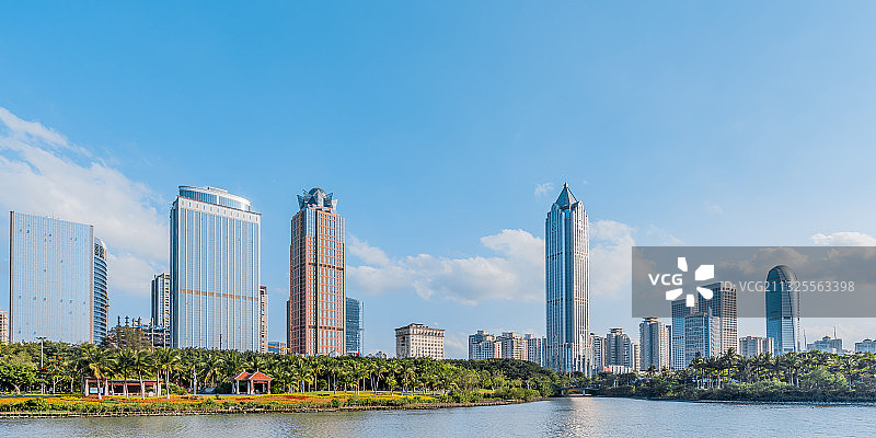 中国海南海口万绿园和国贸CBD建筑群晴天风光图片素材