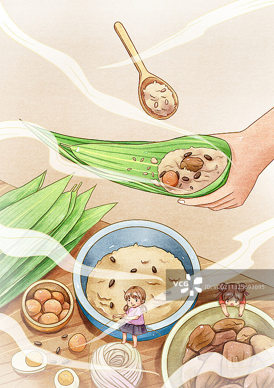 包粽子端午节肉粽粽叶咸鸭蛋蛋黄水彩插画古风中国风图片素材