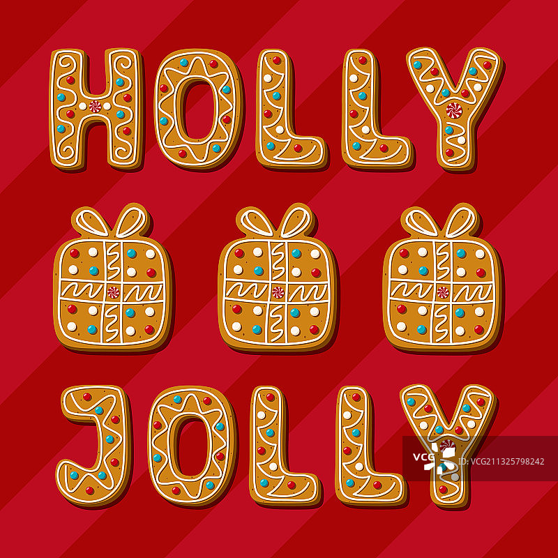 圣诞姜饼冬青快乐的短语和礼物图片素材