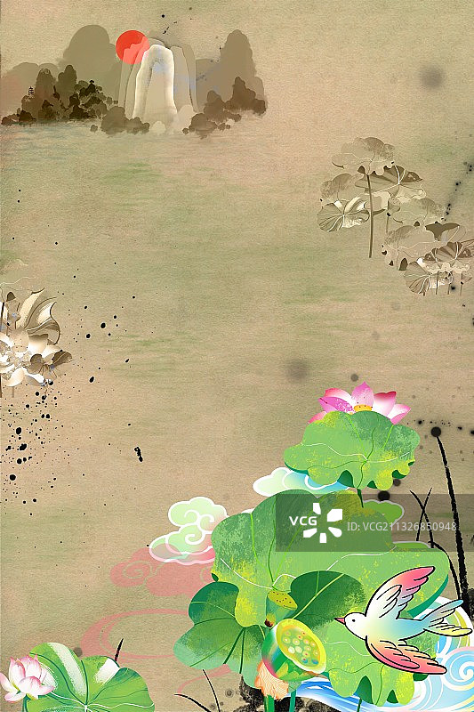 夏日荷塘 荷花莲花生态节气插画海报图片素材