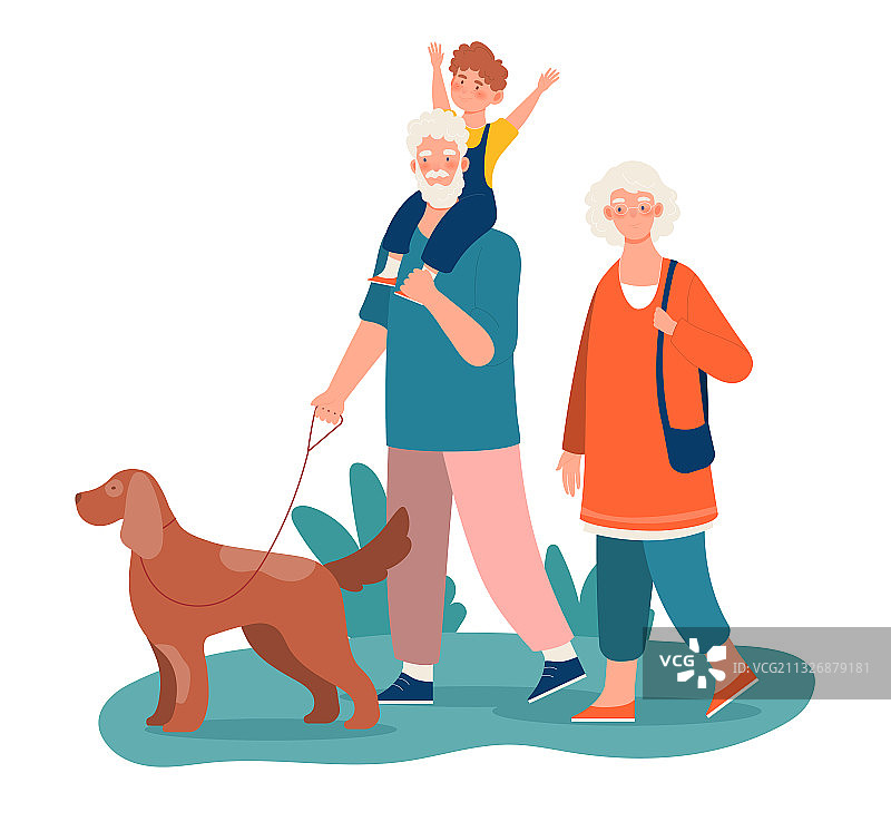 一对老夫妇带着孙子和狗散步图片素材