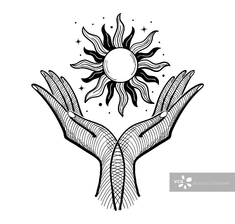 有魔法符号的两只手掌和太阳波西米亚魔法图片素材