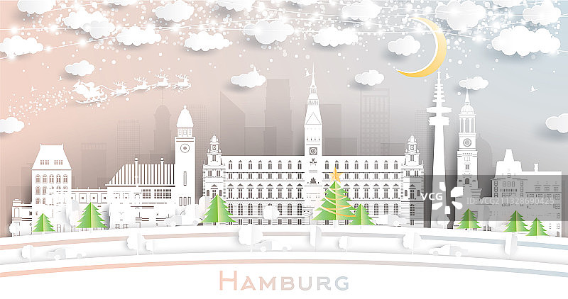德国汉堡城市天际线剪纸风格图片素材