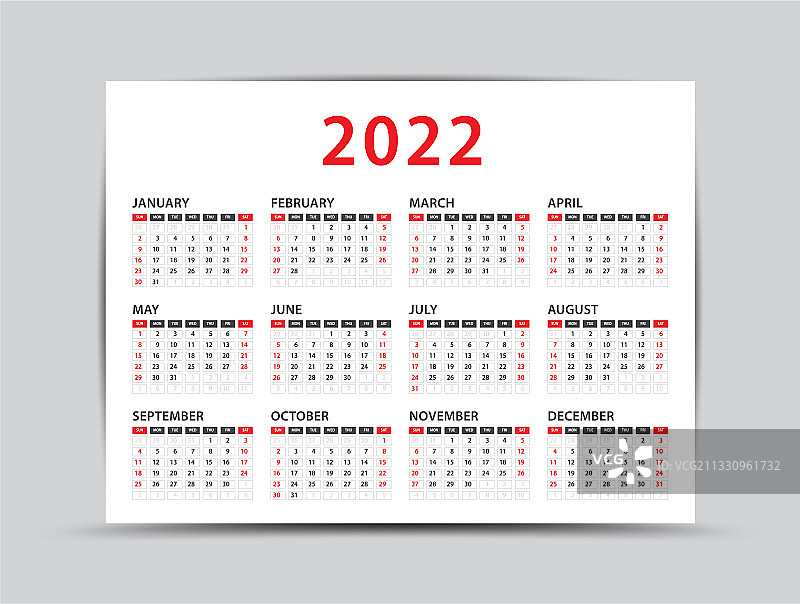 2022年日历- 12个月的日历图片素材