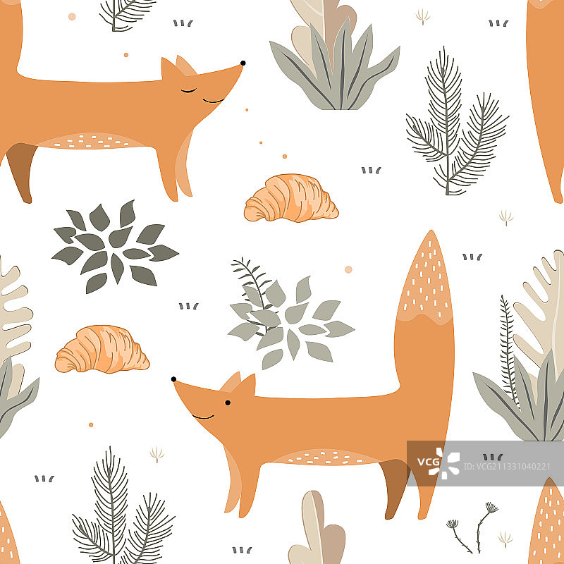 无缝图案与可爱的狐狸植物图片素材