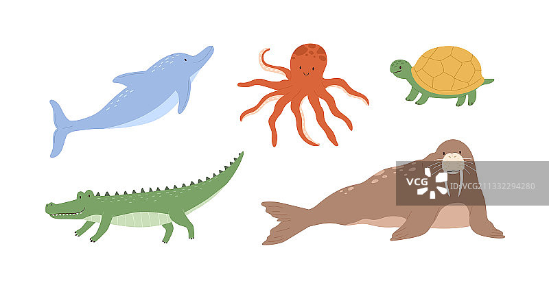 设置可爱的水下动物章鱼海豚图片素材