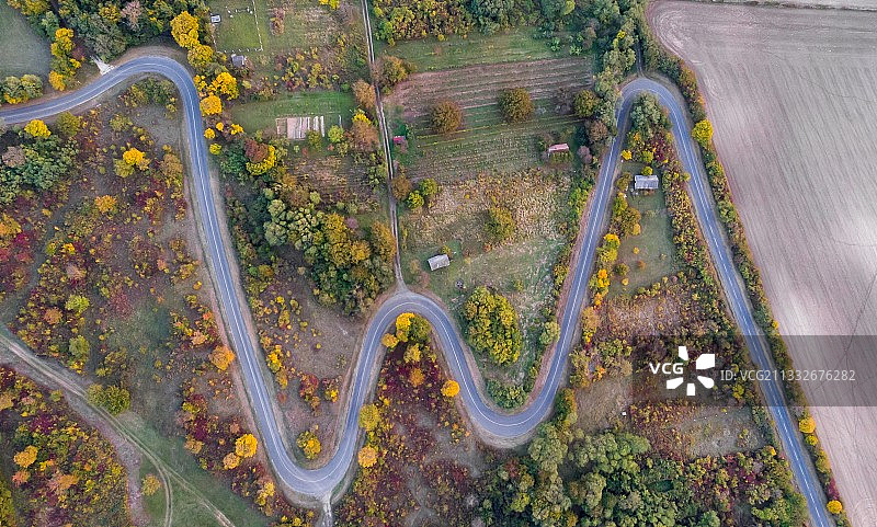 鸟瞰图中蜿蜒的道路在树林中，匈牙利图片素材