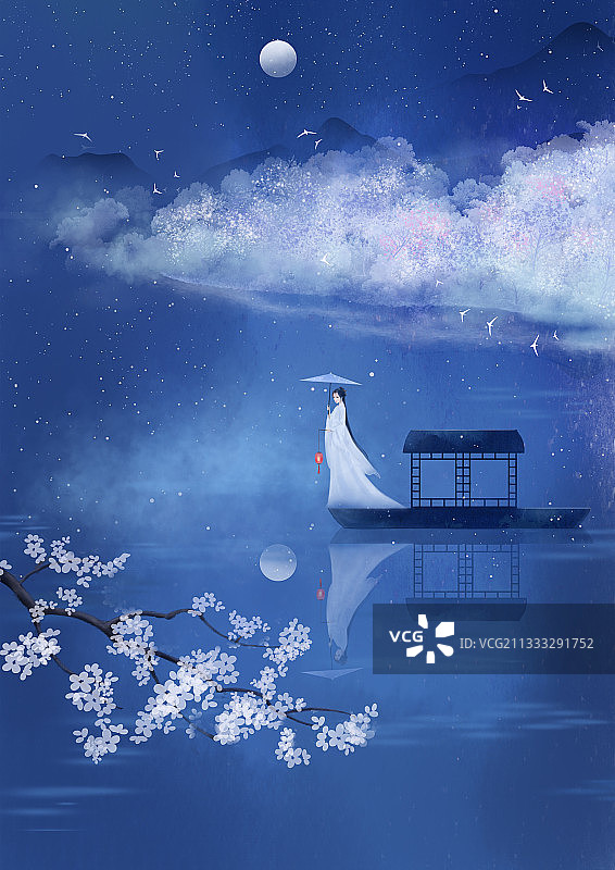 国风意境插画夜晚小舟上提灯的白衣少女图片素材