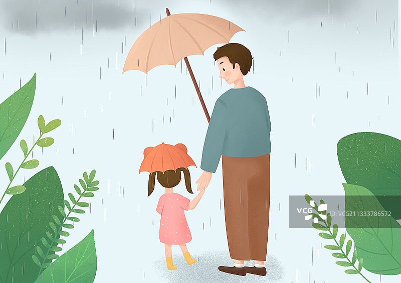 父亲节 插画画法 父亲 儿童 女儿 雨图片素材