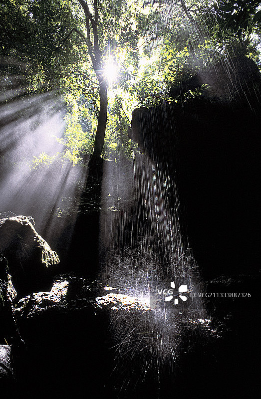 瀑布和阳光穿过树林巴拿马图片素材