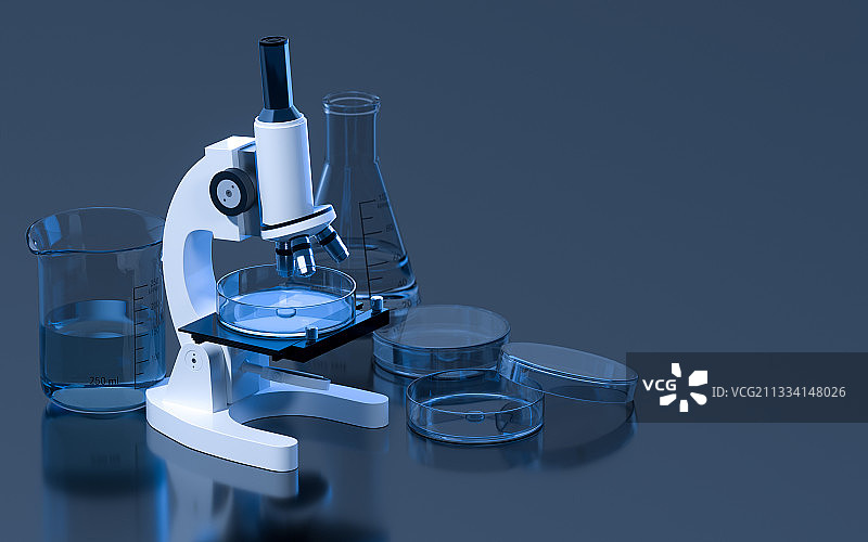 实验室内的玻璃器皿与显微镜 3D渲染图片素材