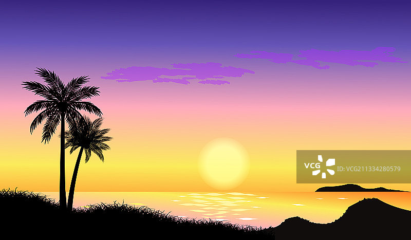 美丽的日出海滩海景与棕榈图片素材