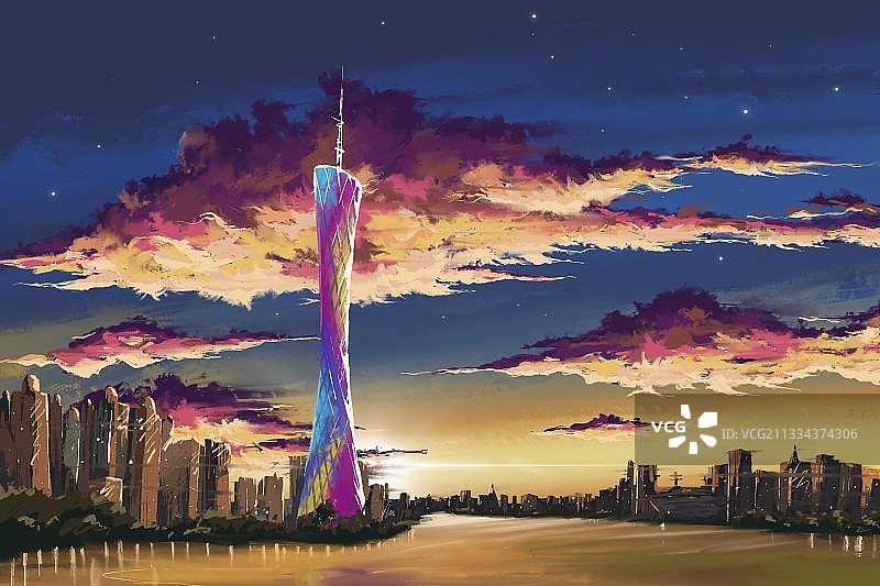 云彩下的广州塔插画图片素材