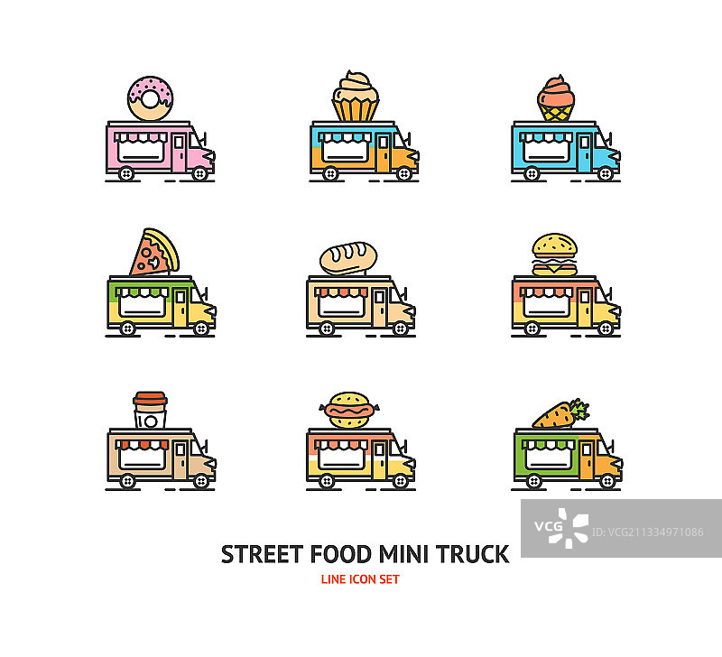 街头餐车标志颜色细线图标设置图片素材