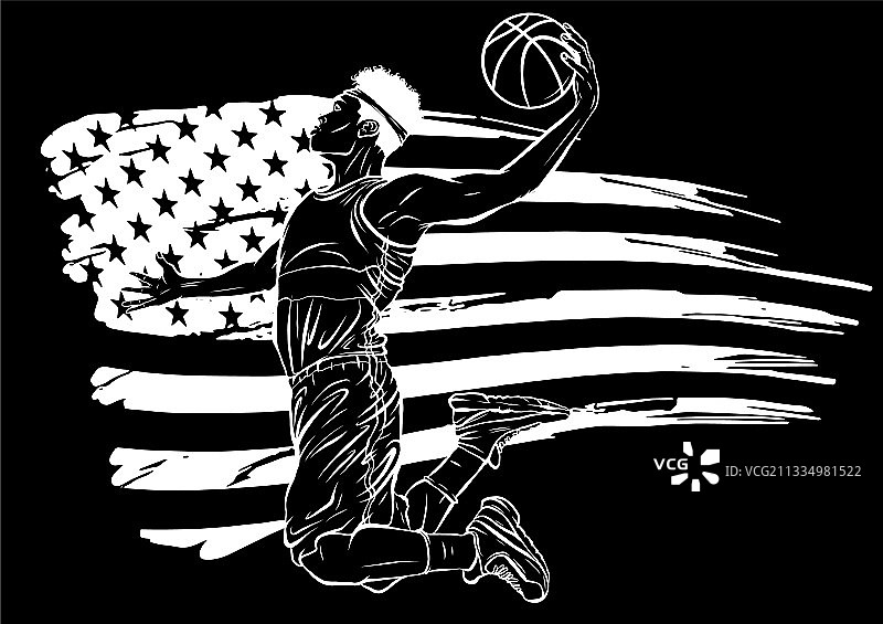 美国国旗上篮球运动员的剪影图片素材