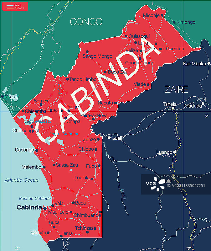 卡宾达国家详细的可编辑地图图片素材