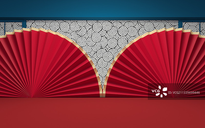 中国风的红色空房间 3D渲染图片素材