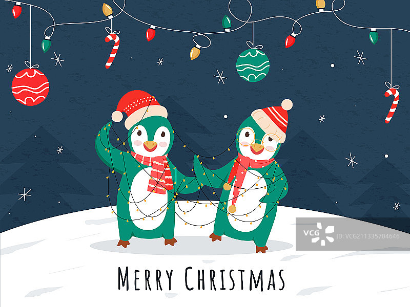 两只卡通企鹅戴着圣诞老人的帽子和围巾图片素材