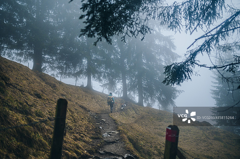 带着狗在瑞士艾耶尔的Zinal山中徒步旅行图片素材