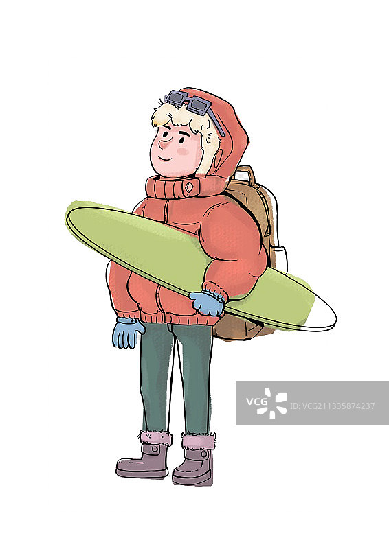 手绘人物卡通抱着滑板穿棉袄的男孩插画图片素材