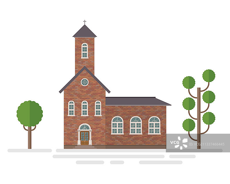 教堂建筑和树木孤立在白色图片素材