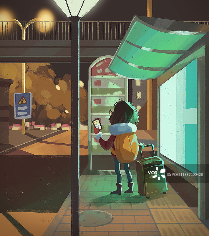 公交站旁独自等车的女孩图片素材