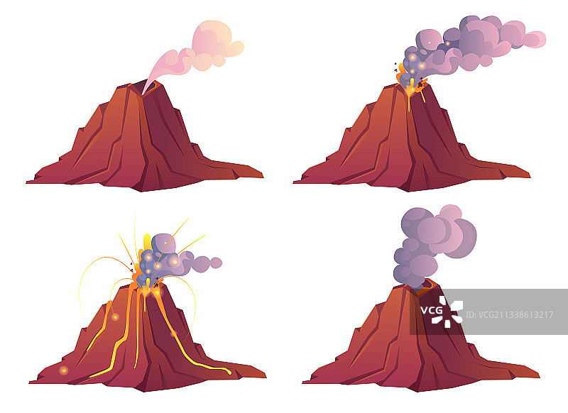火山喷发阶段伴随着熔岩、火焰和烟雾图片素材