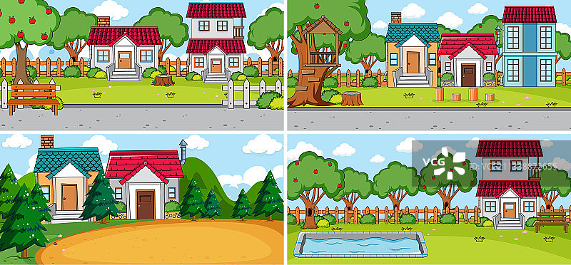 设置不同的房子在自然场景卡通图片素材