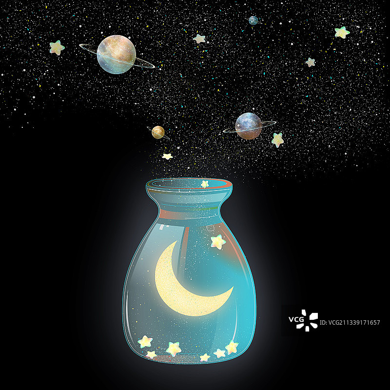 玻璃瓶内发光的月亮及星星梦幻图案图片素材