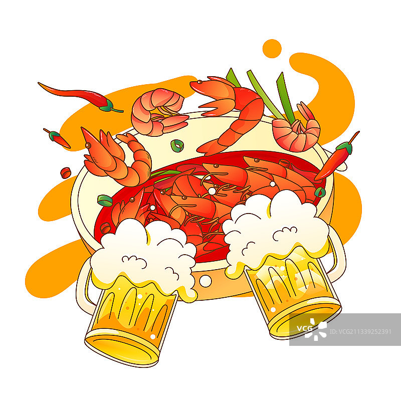 小龙虾和冰啤酒夏日宵夜美食矢量插画元素图片素材