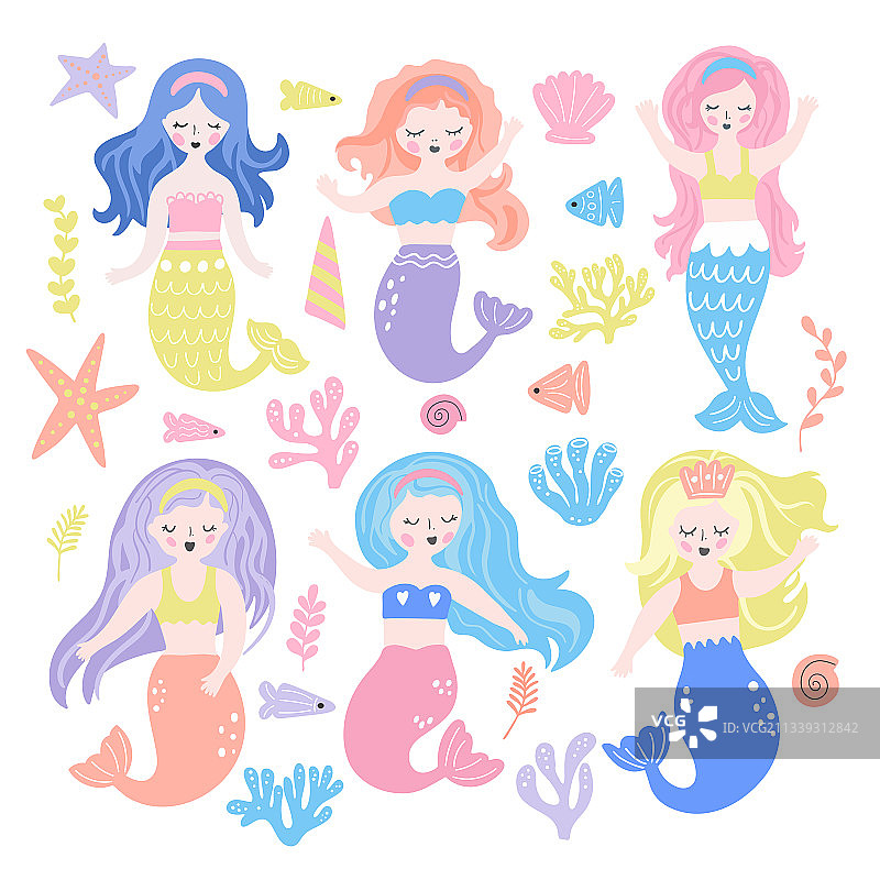 设定可爱的卡通美人鱼海藻和海洋生物图片素材