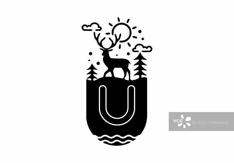 黑色线条艺术鹿徽章与u的首字母名称图片素材